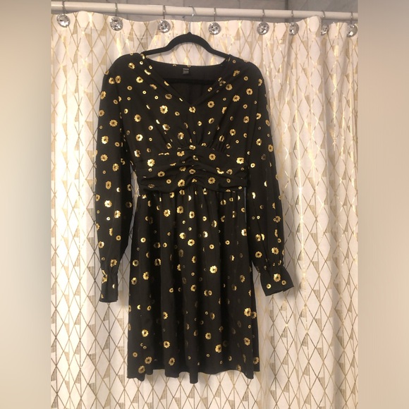 💛PLEASE BUNDLE💛 Shein black, gold flowers, long sleeve dress - sz Large - Picture 4 of 12